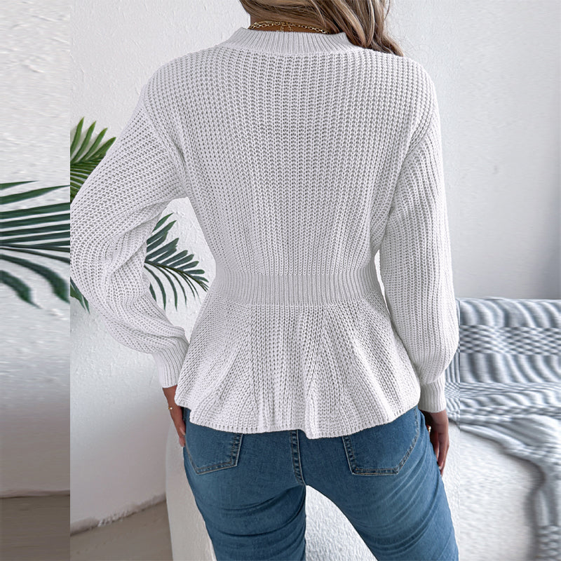 Women's Cable Knit Sweater With Peplum Hem Round Neck Ribbed Waist Top For Spring And Fall