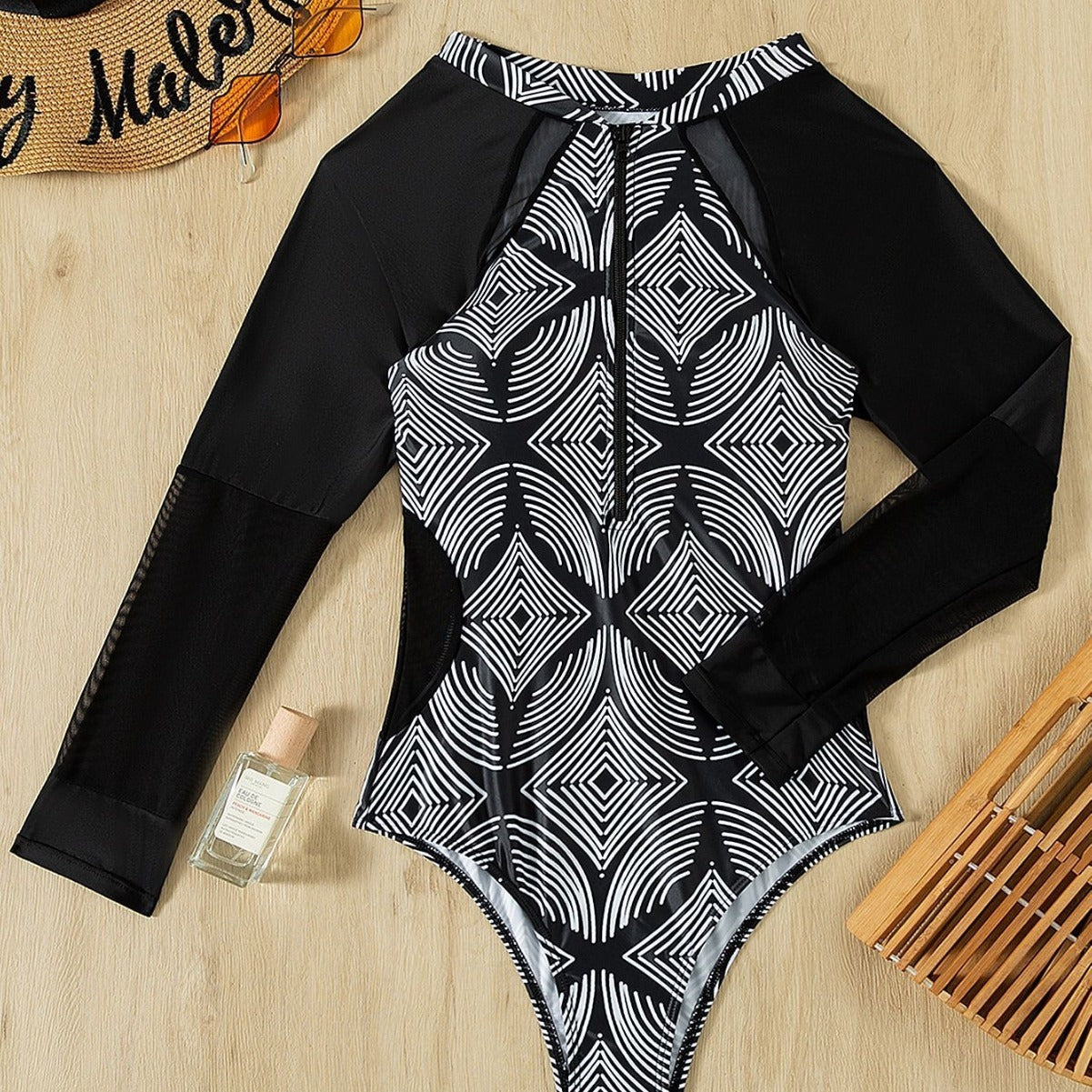 Mesh Long Sleeve Bikini Printed Zipper Diving Suit Swimsuit