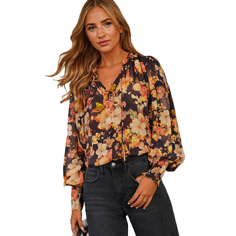 Women's Casual Versatile Printed V-neck Long-sleeved Shirt