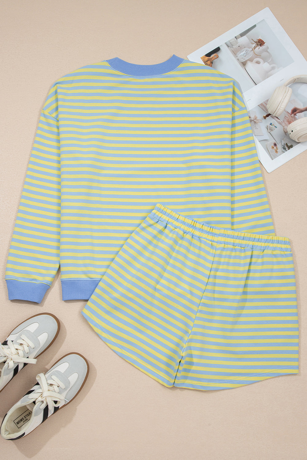 Yellow Stripe Color Block Detail Long Sleeve Pullover Elastic Waist Pull On Shorts 2pcs Set