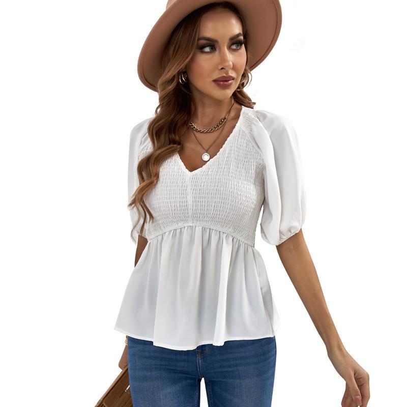 New Puff Sleeve V-neck Waist-tight Slim Women Chiffon Shirt