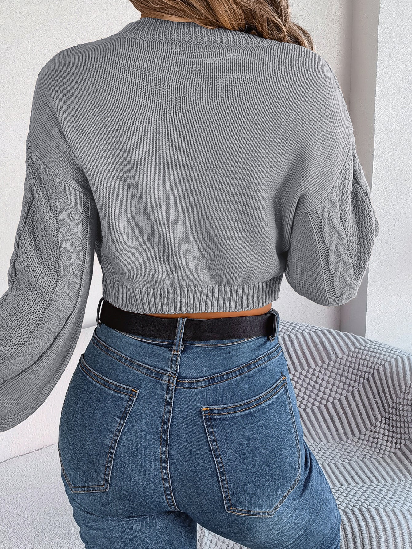 Women Casual Solid Color Cable Knit Long Sleeve Cropped Pullover
