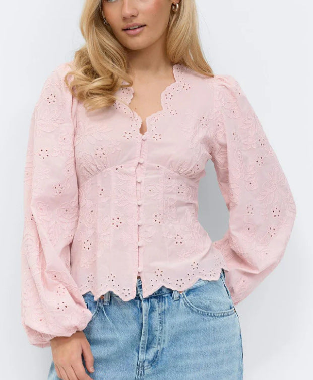 Lace-trimmed Casual Solid-color Women's Shirt