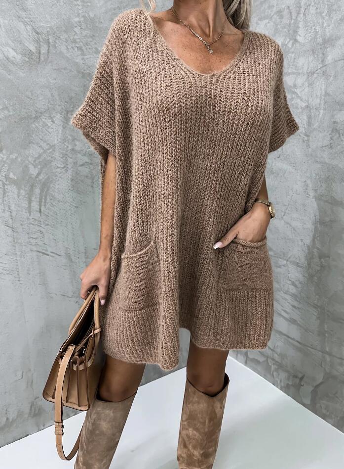 Loose Large Size Pocket Solid Color V-neck Long Sleeve