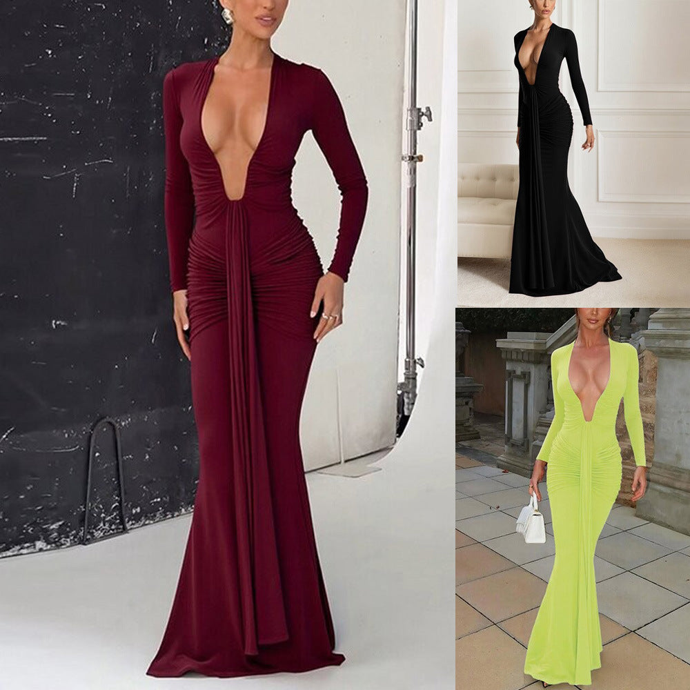 Solid-color Elegant Deep-V Waist-cinched Sexy Long-sleeve Dress With Fluttering Ribbons For Women