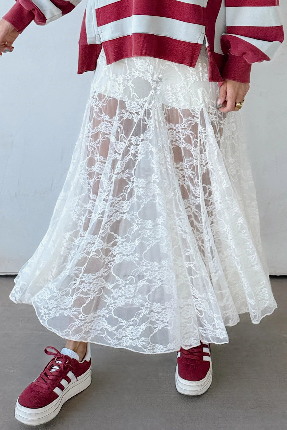 White Sheer Floral Lace Flowy Maxi Skirt