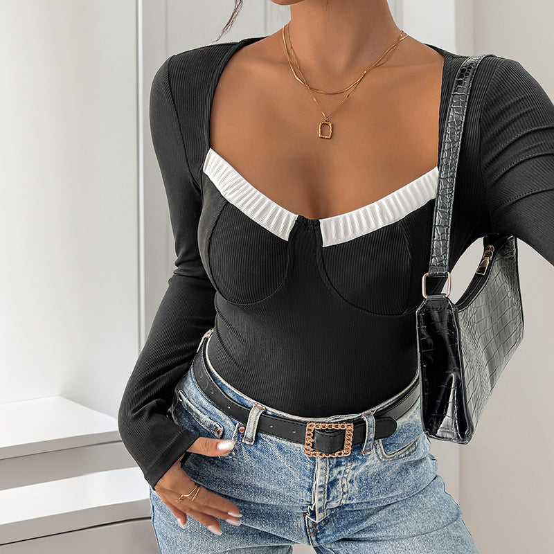 Long Sleeve Square-neck Contrast Color Knitted Jumpsuit