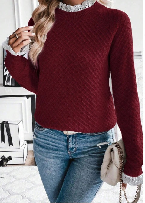 Burgundy Contrast Lace Frilled Trim Raglan Sleeve Sweater