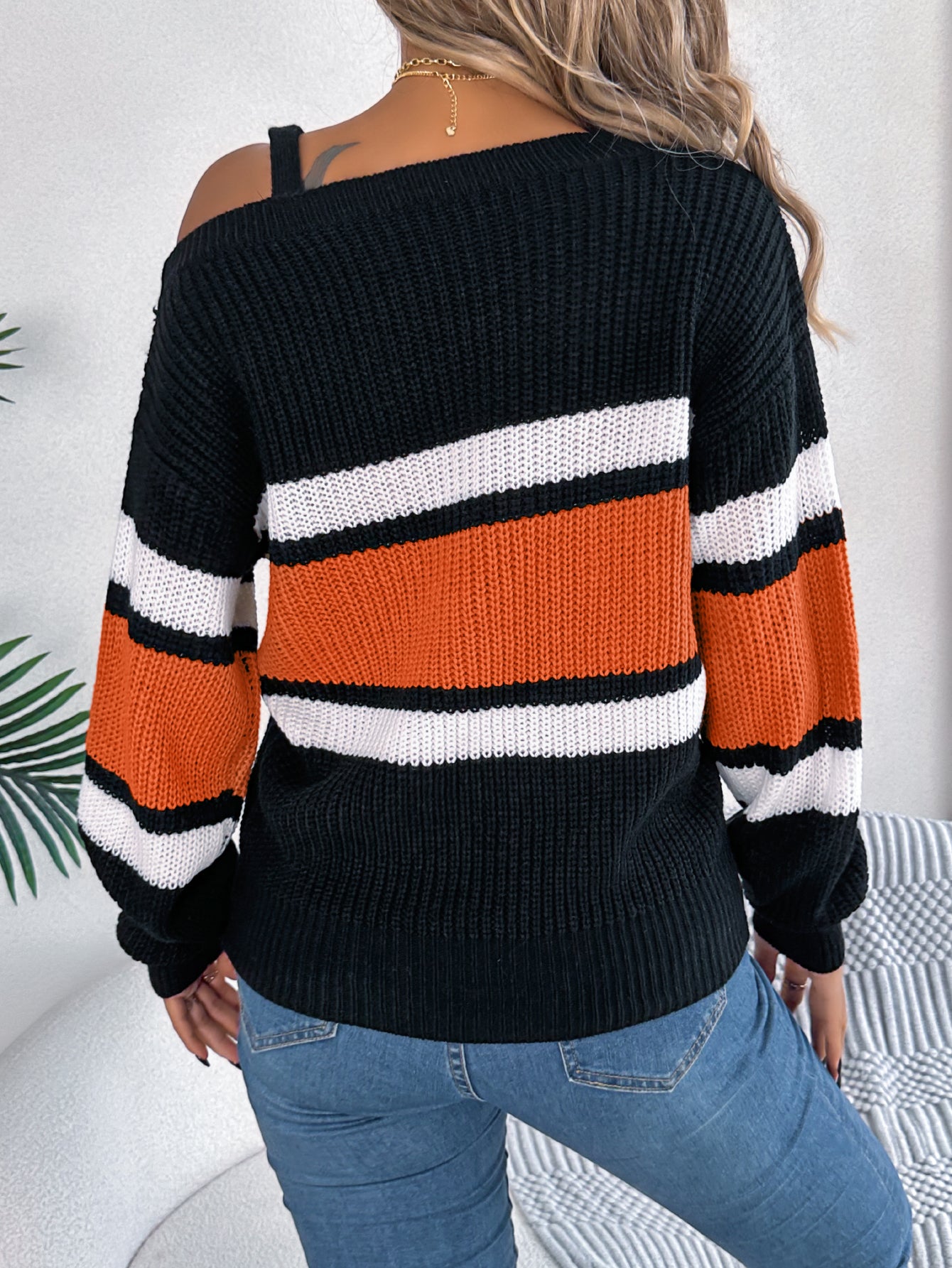 Casual Color Block Striped Lantern Sleeve Metal Button Off-Shoulder Pullover Sweater