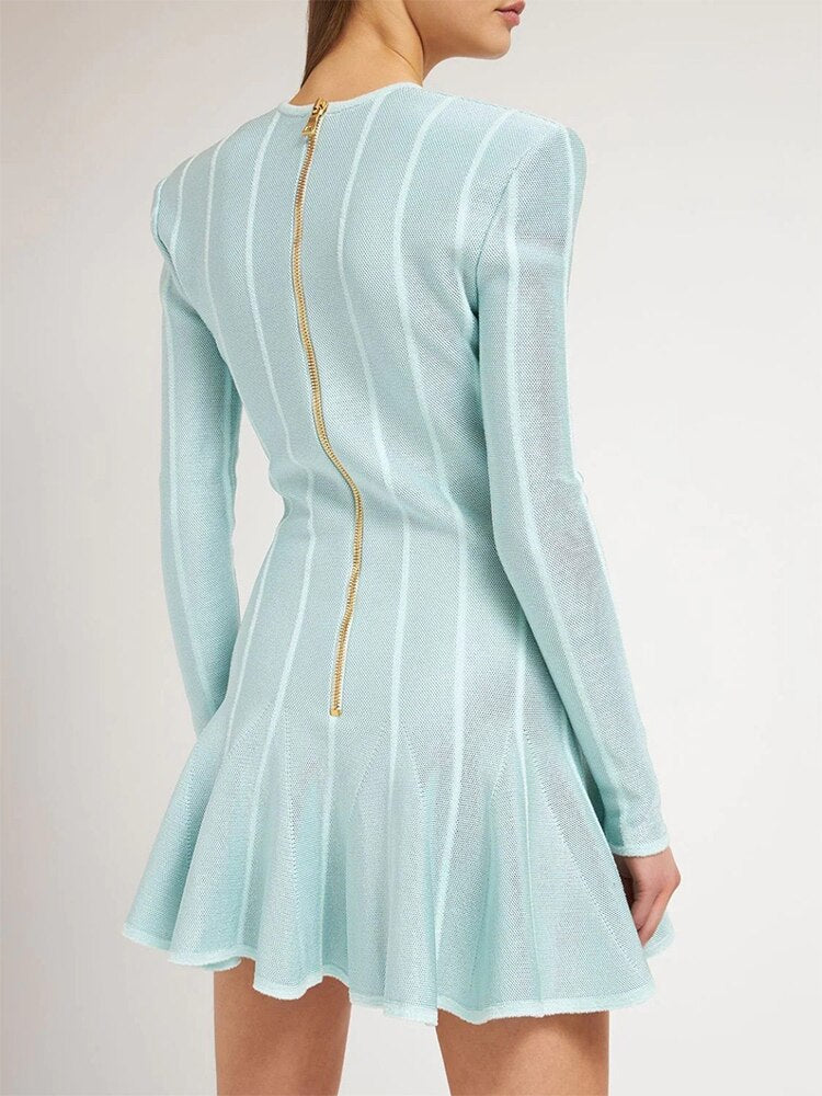 Short Tweed Dress With Gold-Tone Buttons Sexy Green Striped V-Neck Zip Mini Dresses Fall Women's Clothing Streetwear