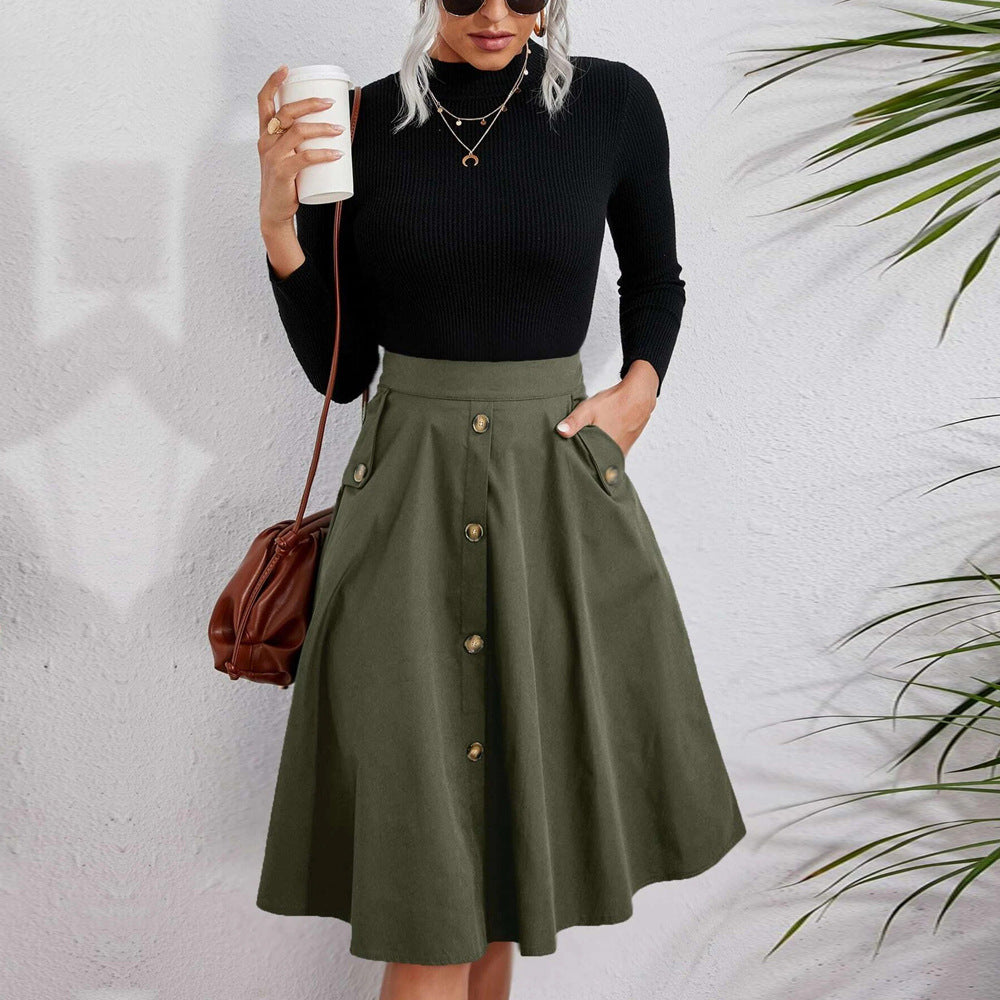 Women's Pocket Button Waist Elegant Midi Skirt