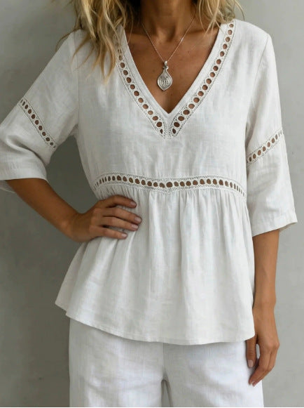 Solid-color V-neck Hollow-out Casual Fringed Top