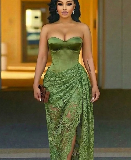 Strapless Cinch Waist Lace Patchwork Party Maxi Dresses-Green