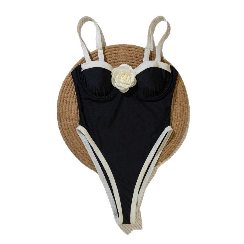 Womens 3D Floral Deep-V Figure-Flattering One-Piece Swimsuit For European And American Styles