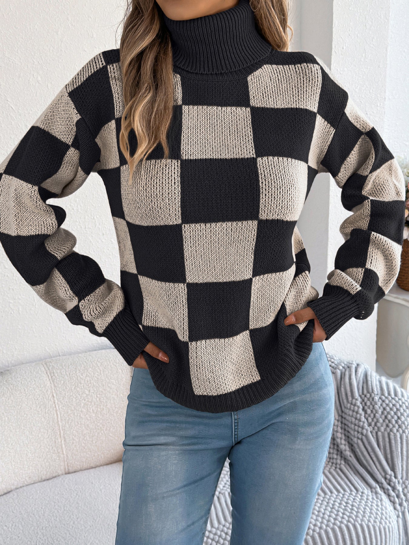 Women's High Neck Color-Blocked Plaid Lantern Sleeve Sweater