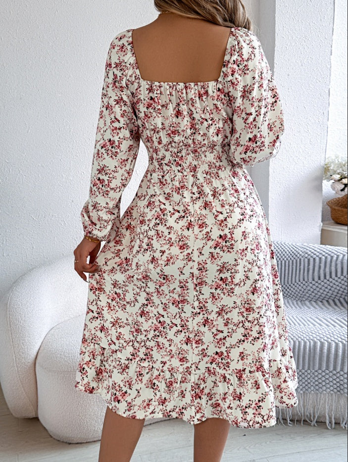 Women's Elegant Floral Square Neck Long Sleeve Waist-Defined Hem Ruffle A-Line Dress