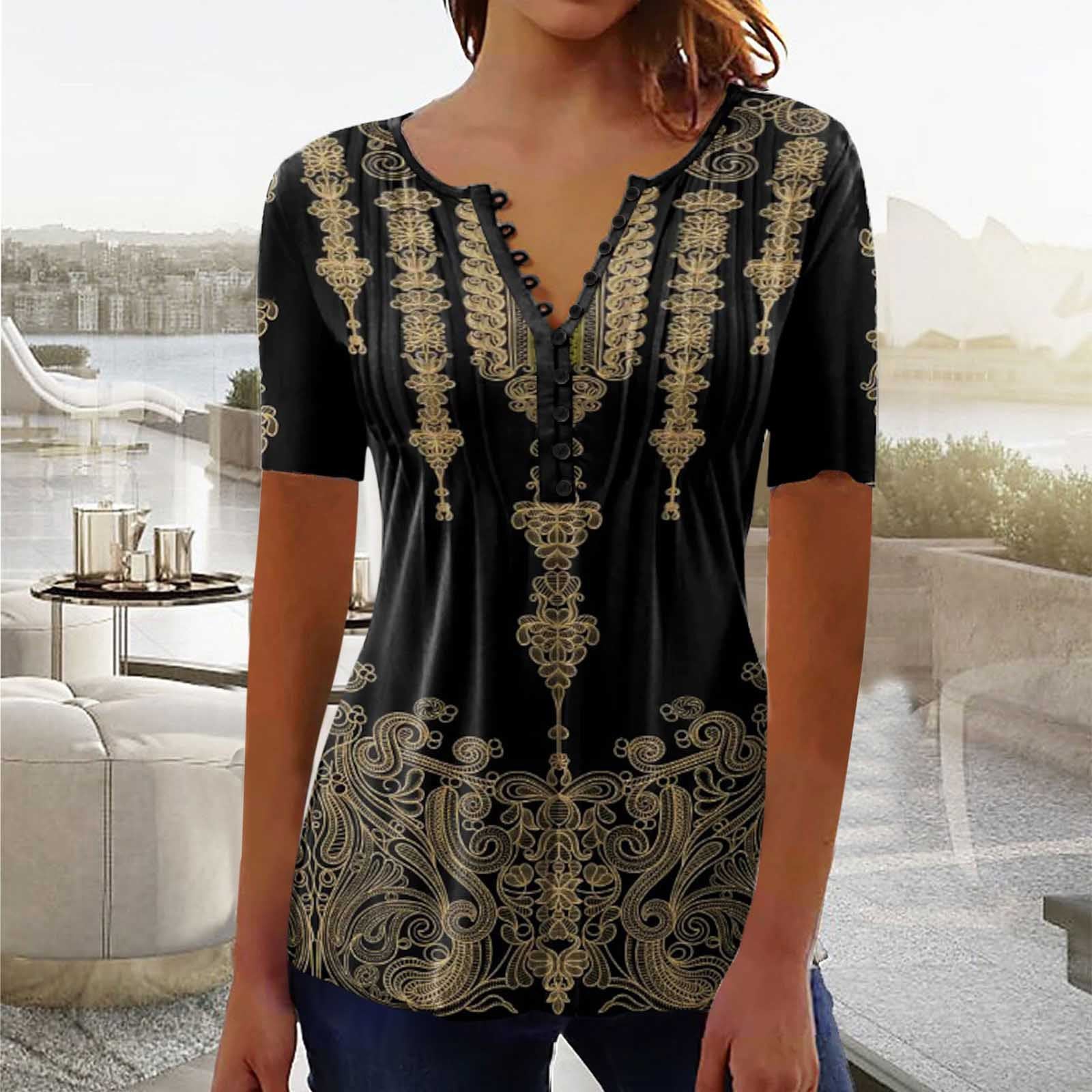 Women's Digital 3D Printed Pleated Round Neck T-shirt