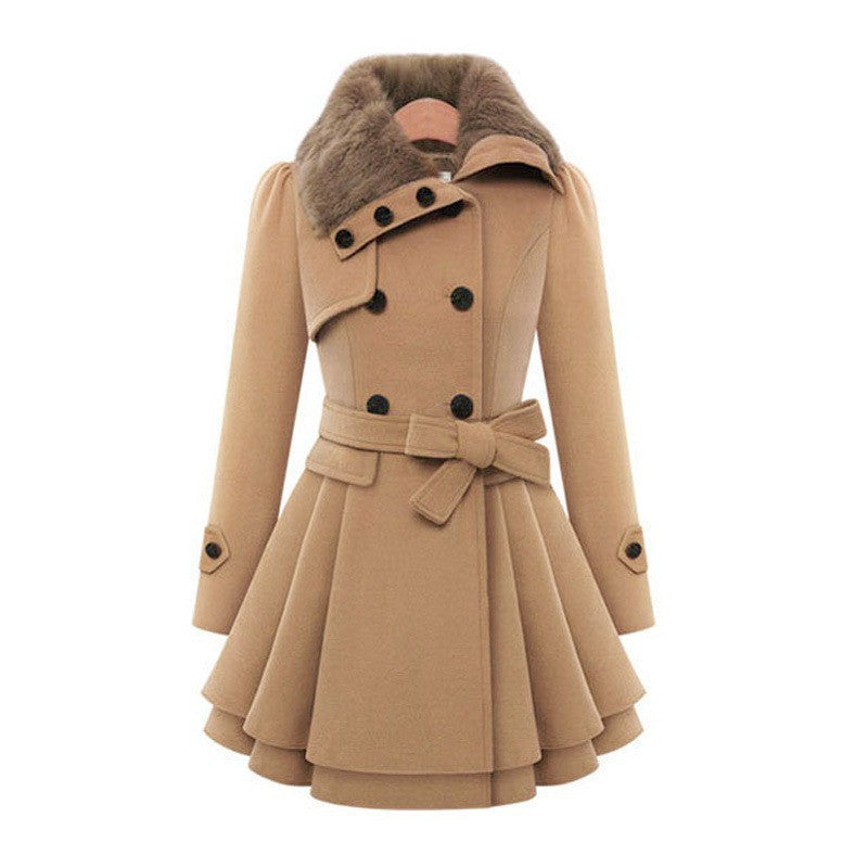 Women's Fur Collar Coat Double-breasted Trench Coat With Large Skirt
