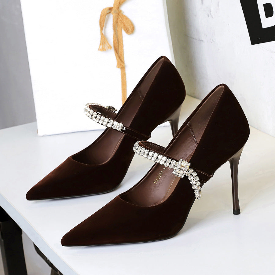 Pointed Toe Shallow Vamp Single Shoes With Rhinestone Strap Suede Commuting Shoes Banquet Shoes