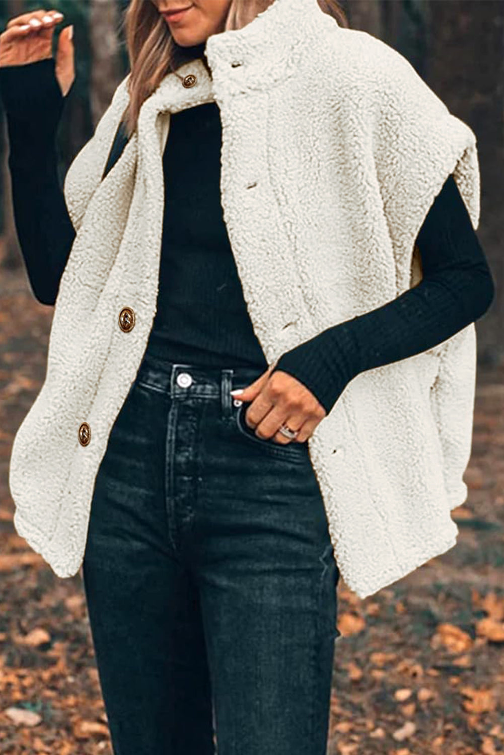 Cappotto gilet con colletto alla coreana con maniche in sherpa nero