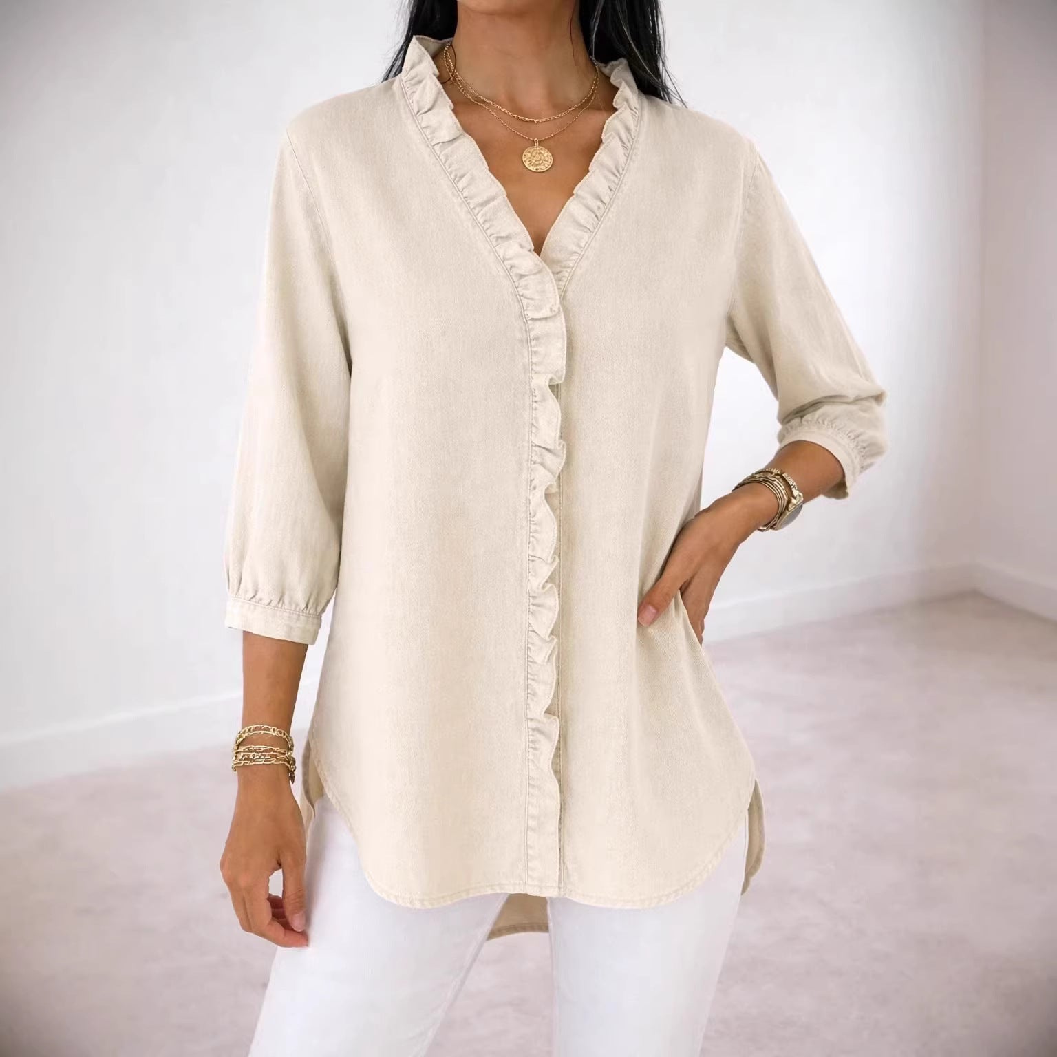 Women's Fashionable Casual Faux Denim V-Neck Shirt