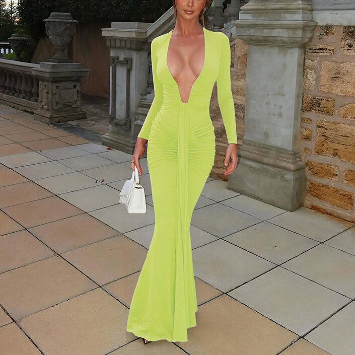 Solid-color Elegant Deep-V Waist-cinched Sexy Long-sleeve Dress With Fluttering Ribbons For Women