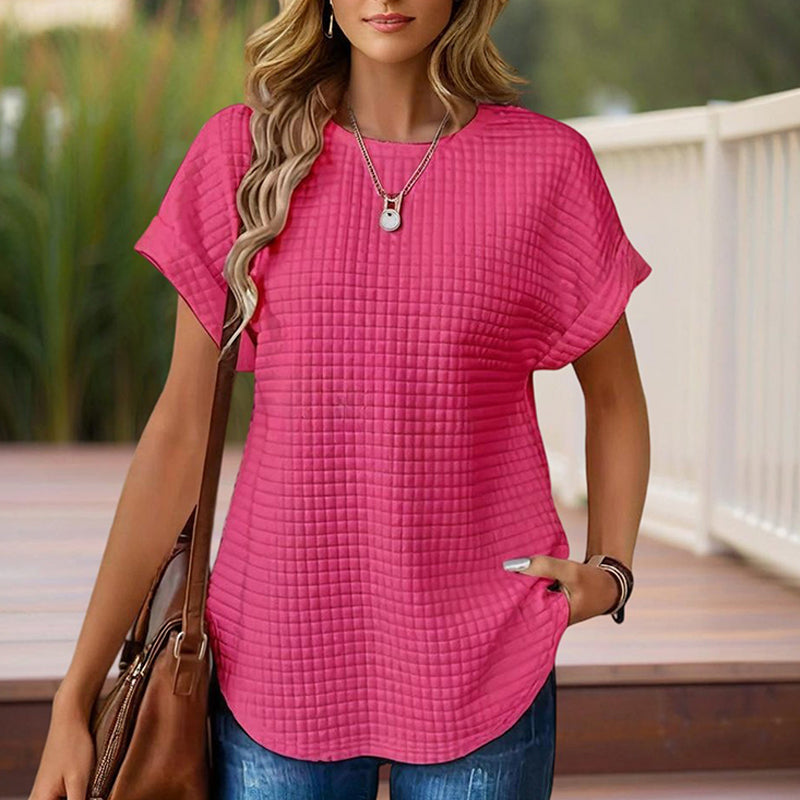 Women's Solid Color Round Neck Short Sleeve Top - Textured Cuff Detail Comfortable Summer Casual Tee