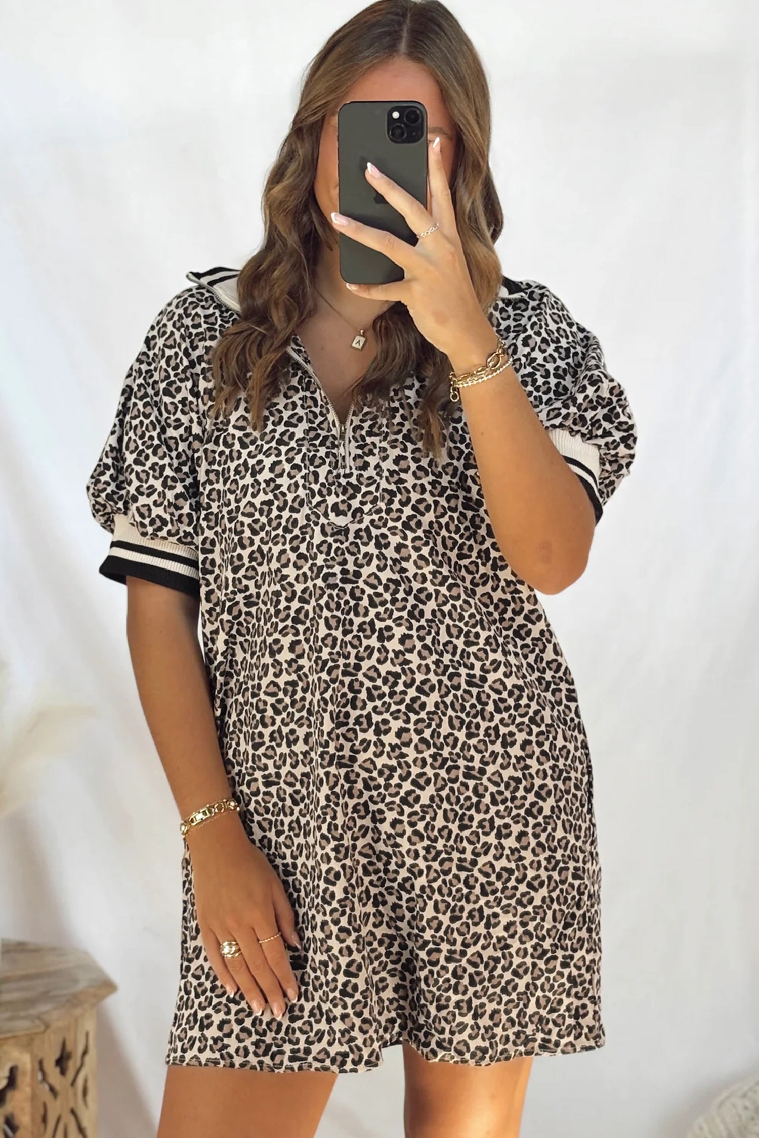 Khaki Leopard Print Zip Neck Striped Webbing Patchwork T Shirt Mini Dress