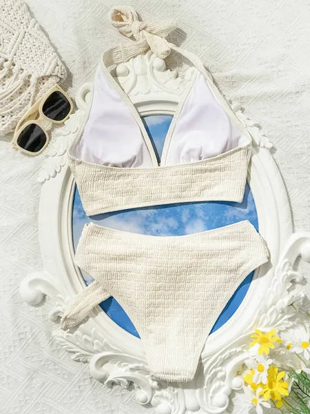 Ladies' White Split Beach Bikini Swimwear With Shell Embellishment, Elegant And Sexy
