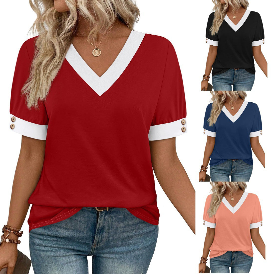 V-neck Contrast-Color Sleeveless All-Match Buttoned Pullover Short-Sleeve Top