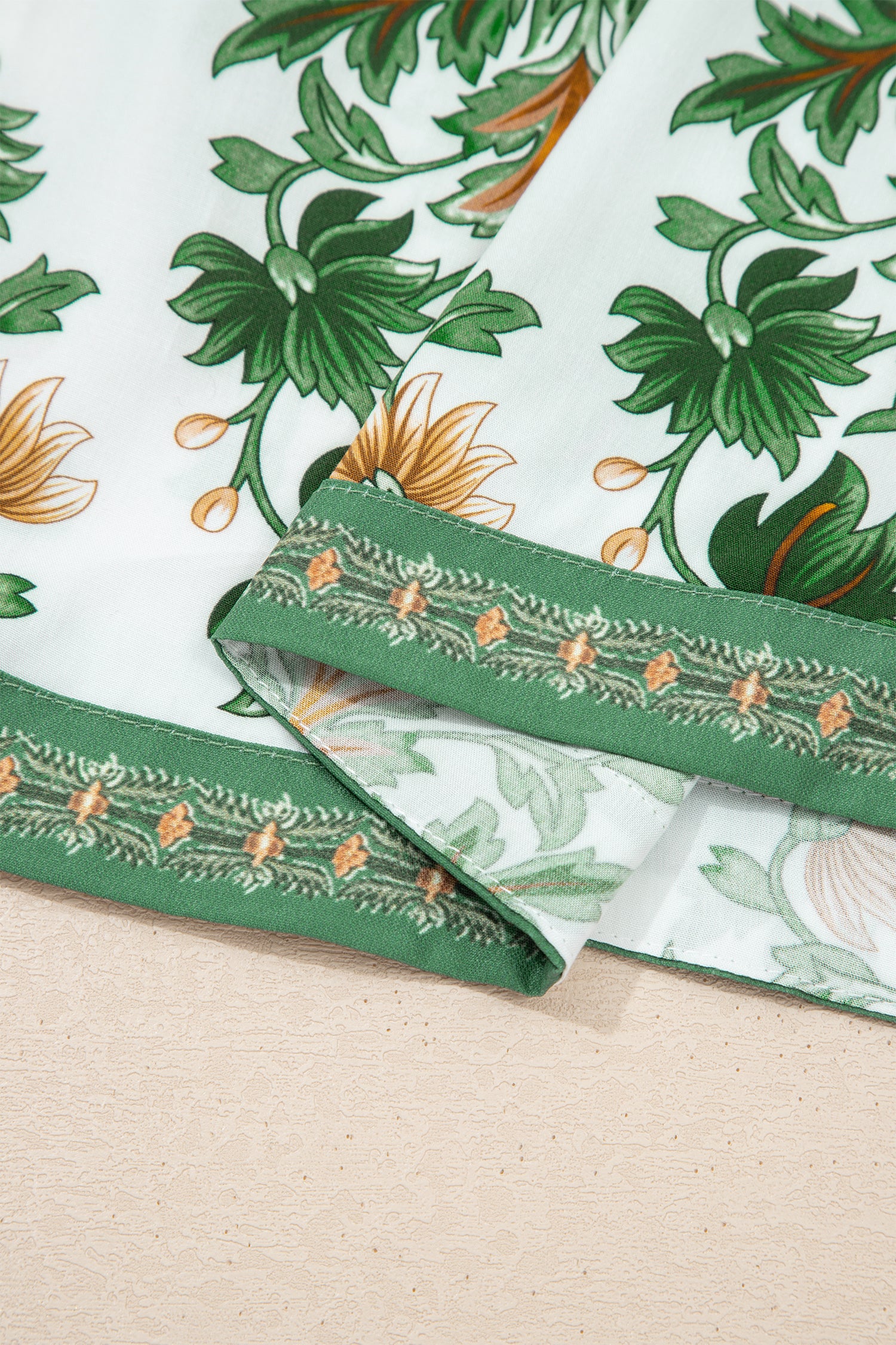 Green Plus Size Floral Printed Contrast Patchwork Detail Tassel Tie 3/4 Sleeve Blouse