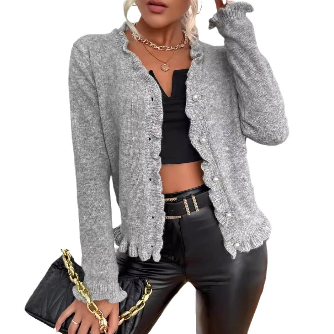 Wooden Ear Rib Knitted Cardigan Pearl Button Sweater