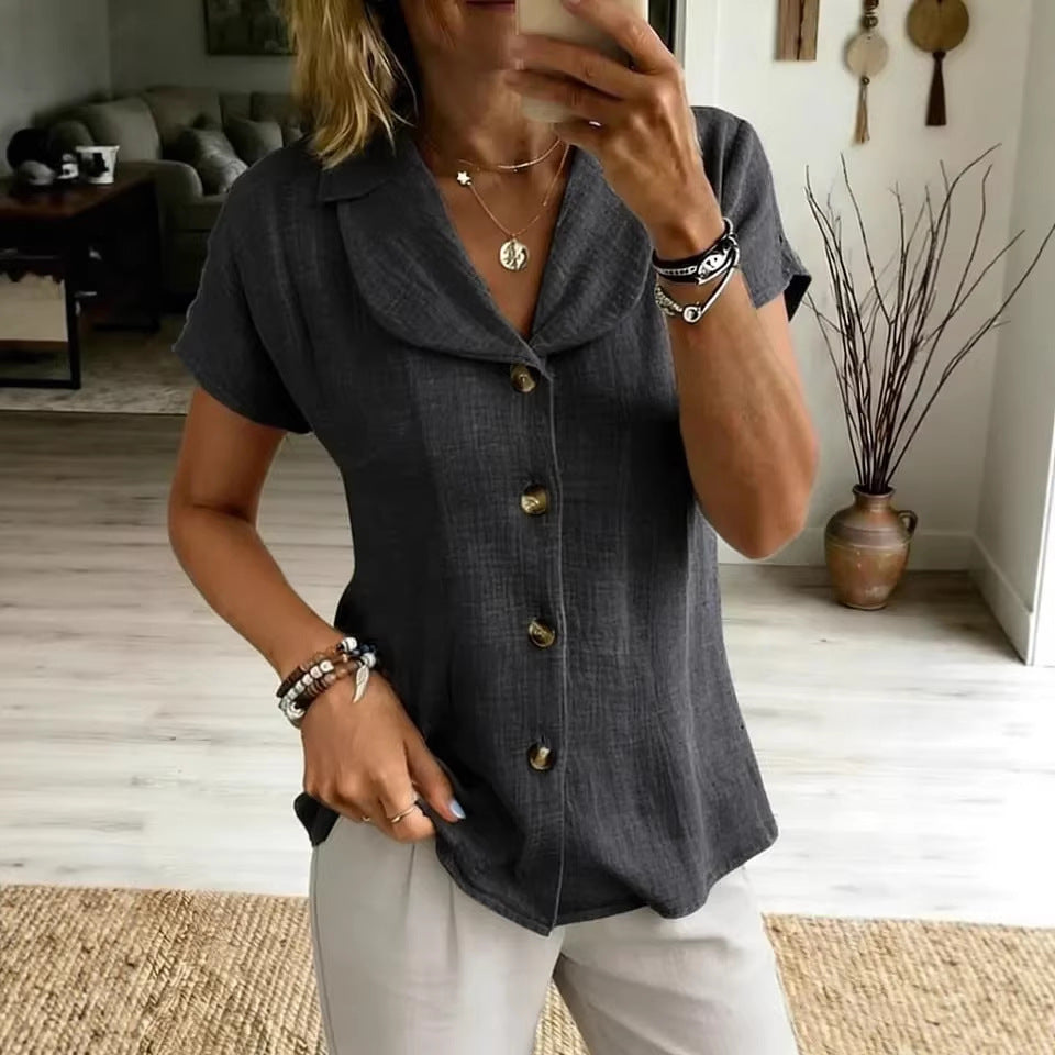 Womens Button-Down Loose Solid-Colored Short-Sleeve Shirt