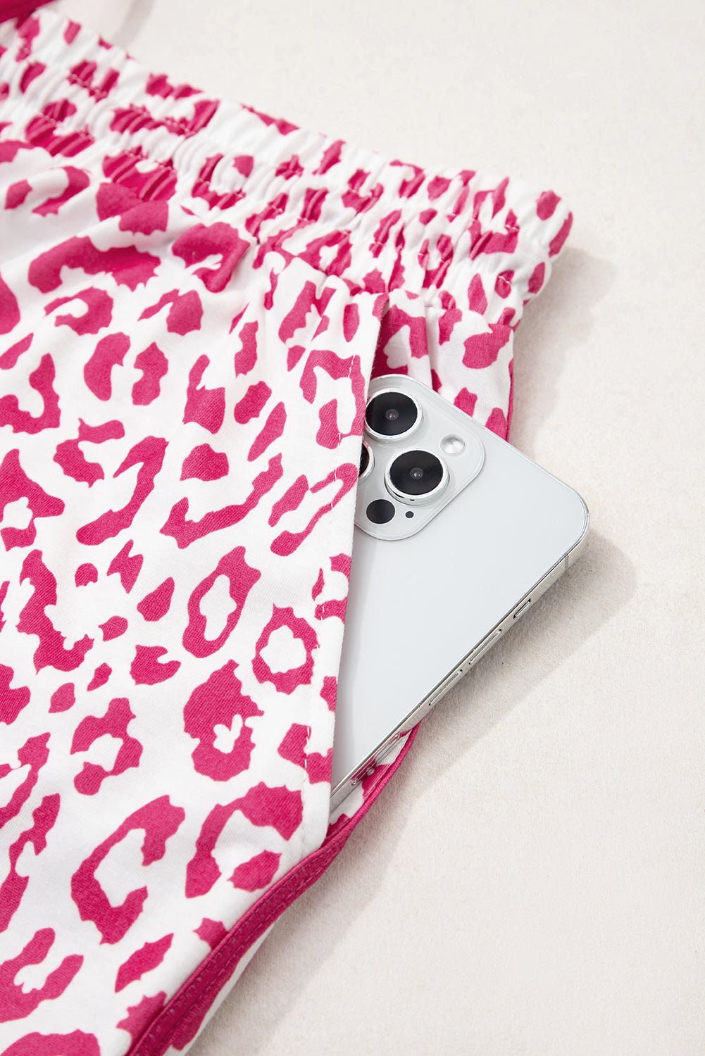 Pink Leopard Elastic Waistband Lace up Contrast Trim Casual Shorts