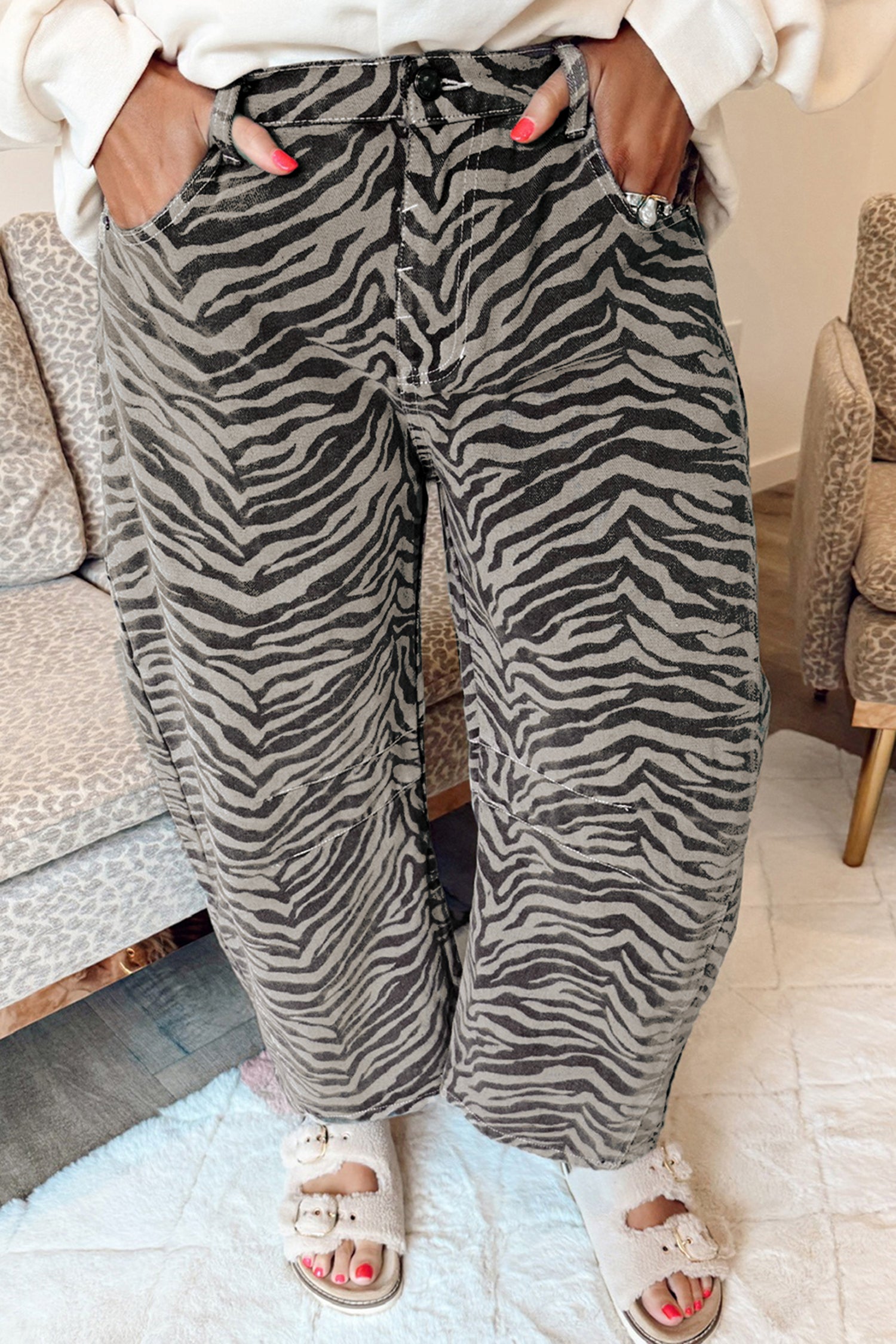 Gray Zebra Stripe Printed Wide Leg Jeans