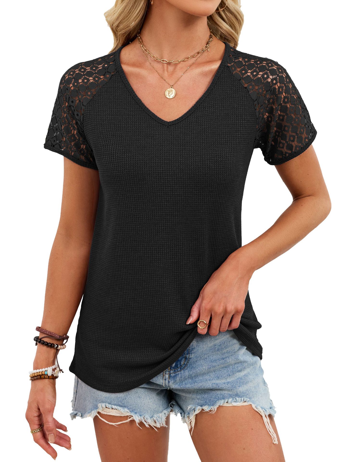 V-Neck Waffle-Knit Grace Panel-Sleeve Casual Womens T-Shirt