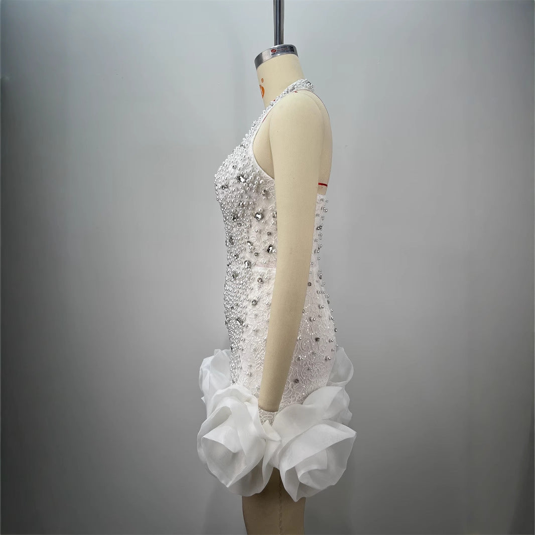 White Halter Slim Beaded Sleeveless Mesh Pleats Mini Dress