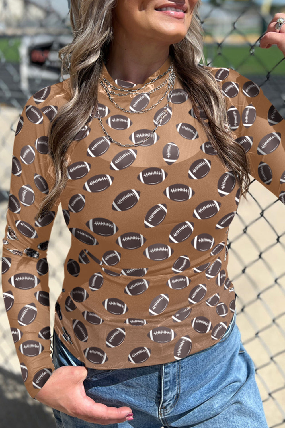 Black Baseball Game Day Sheer Mesh Long Sleeve Top