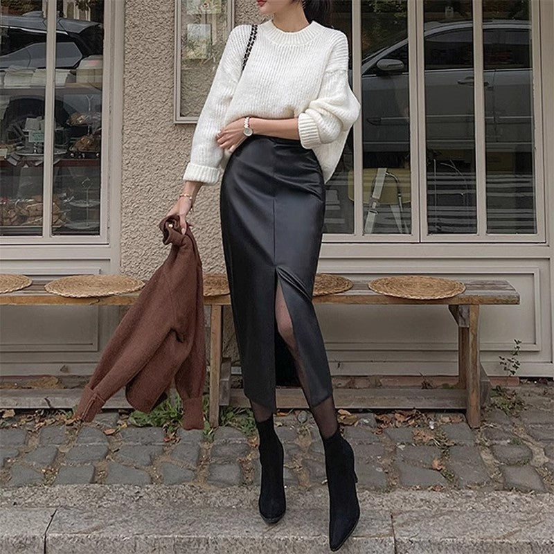 Split Leather Skirt Women's High Waist Adult Lady Like Woman Hip Skirt