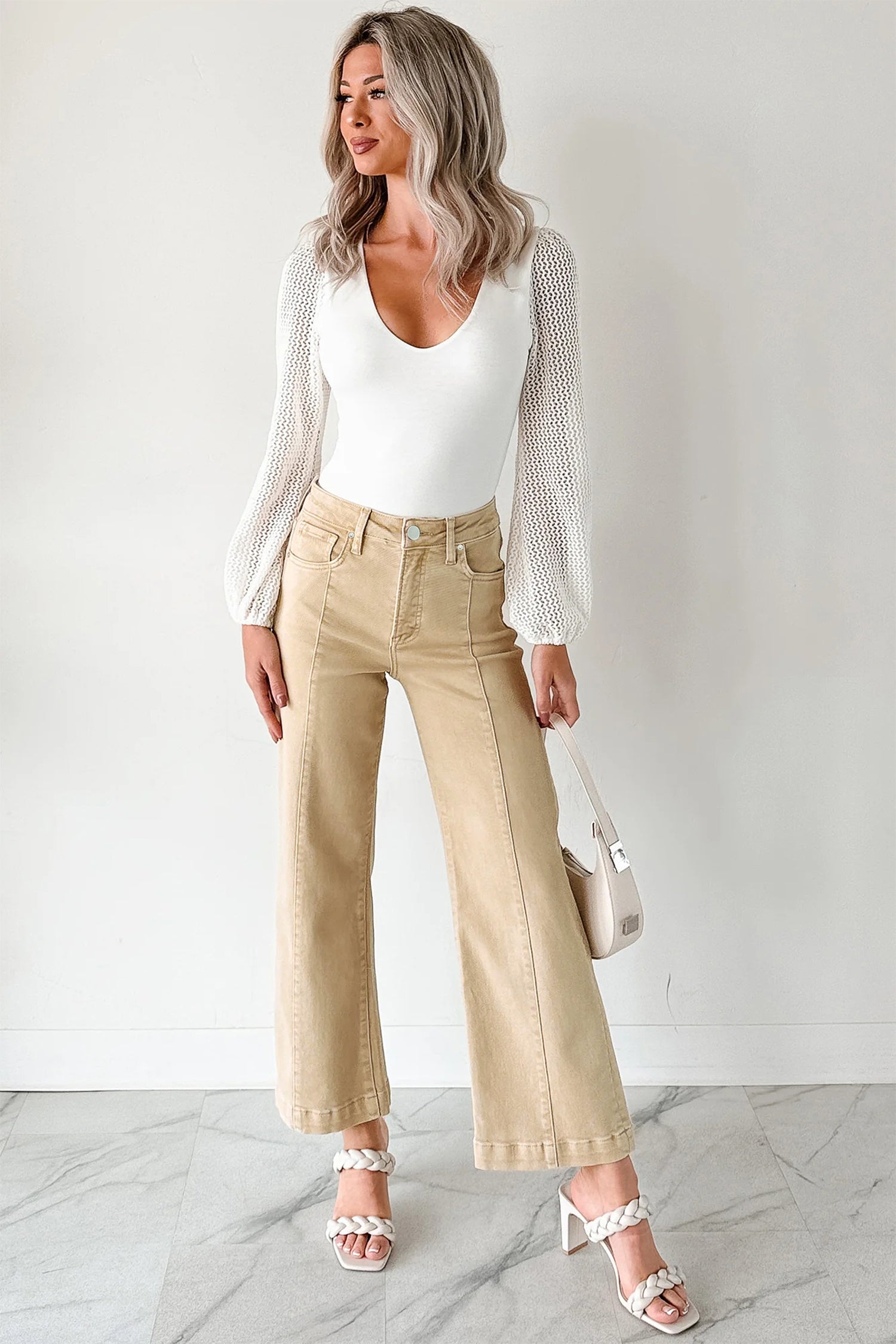 Apricot Solid Color Seamed Center Wide Leg Cropped Jeans