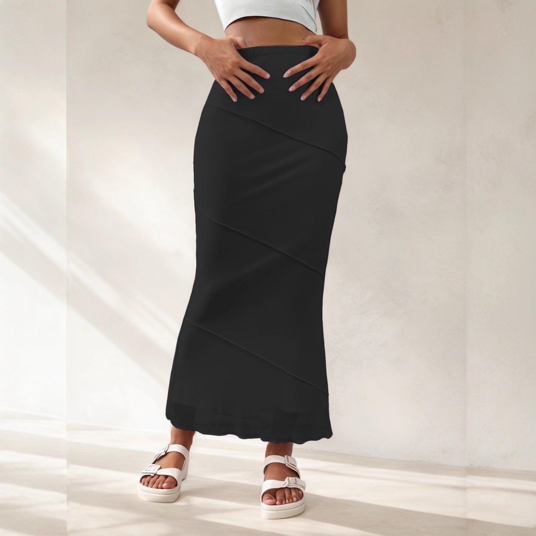 Summer Solid-Colored High-Waisted Sheath Long Skirt