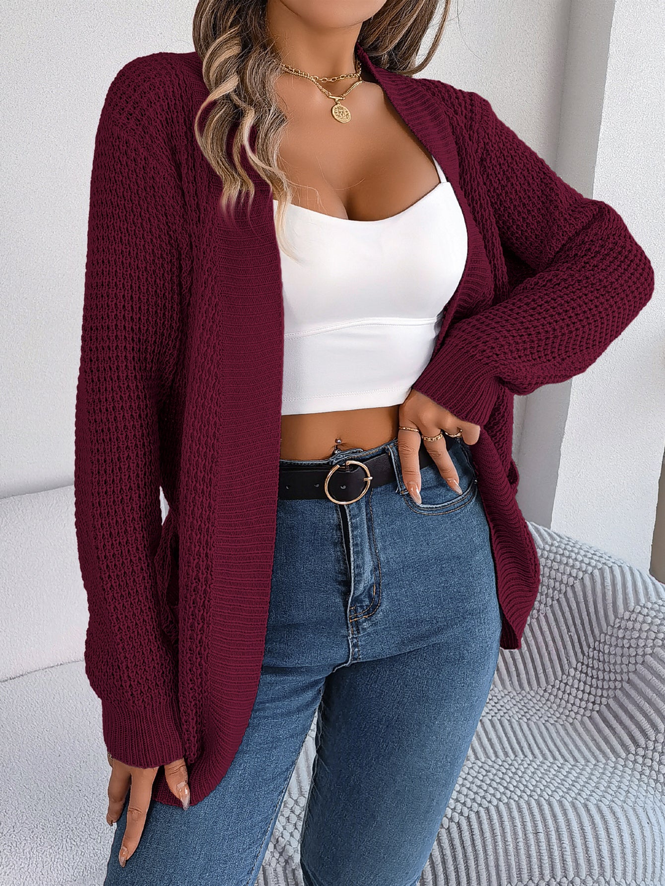 Women Casual Pocket Long Sleeve Knit Cardigan Sweater