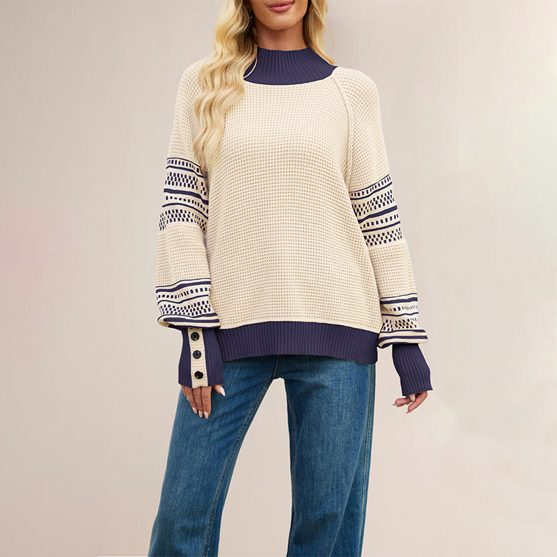 Fashionable Knitted Color-Block Mock-Neck Pullover Sweater
