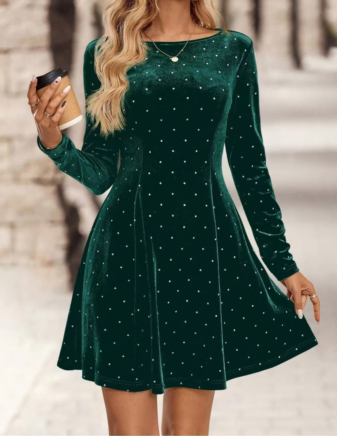 Womens French-Style Retro Diamond-Embellished Waist-Cinching Slimming Dress