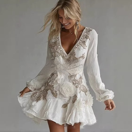 Womens Retro Bohemian Rose-Embroidered Linen Loose V-Neck Short Skirt