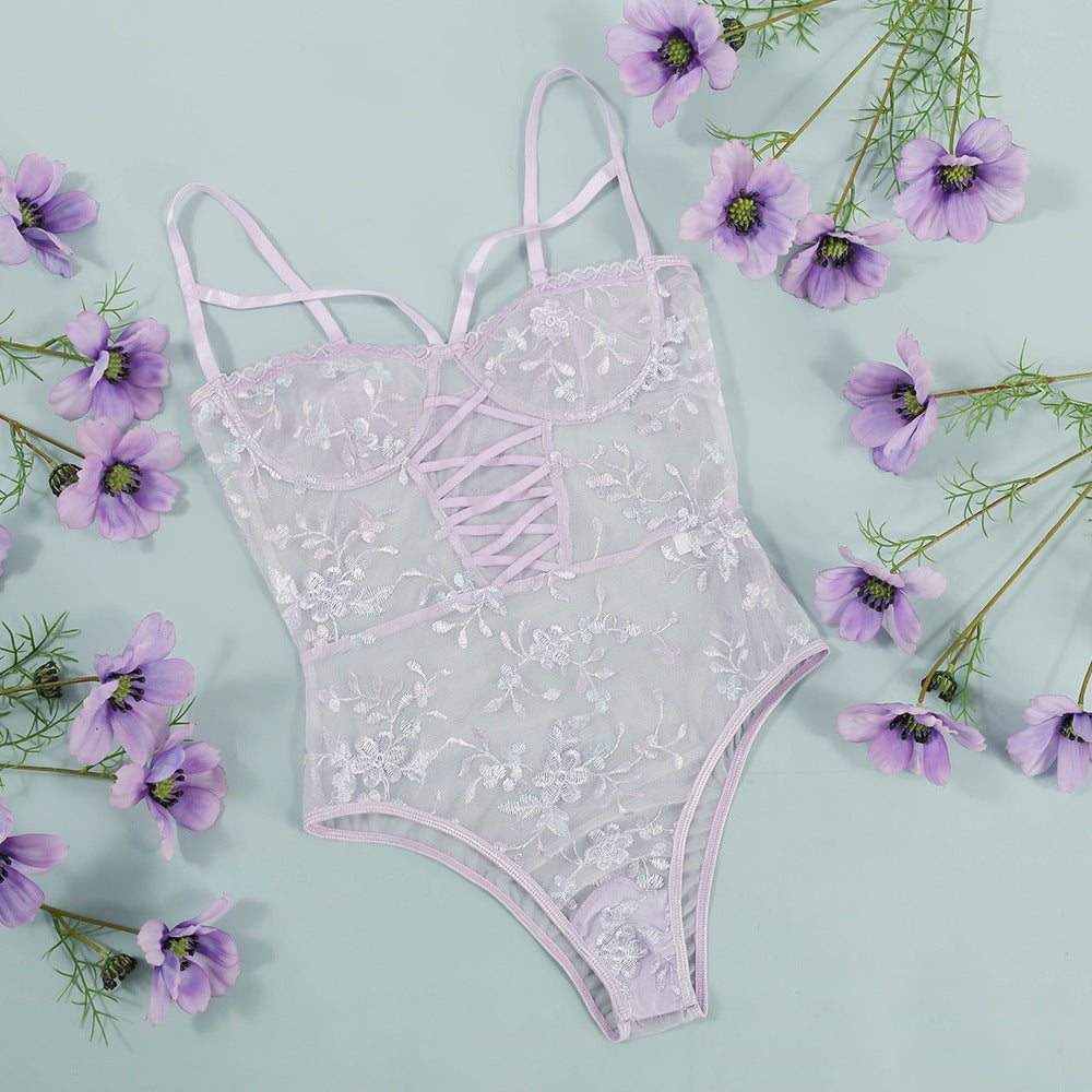 Mesh embroidery flower bodysuit