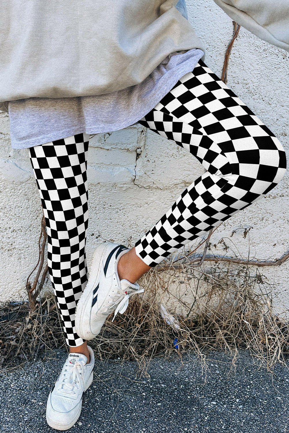 Gray Checkered Pattern High Waist Skinny Leggings