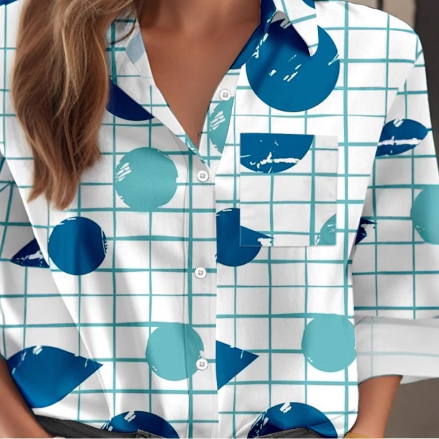 Womens Casual Plaid-pocket Long-sleeve Top