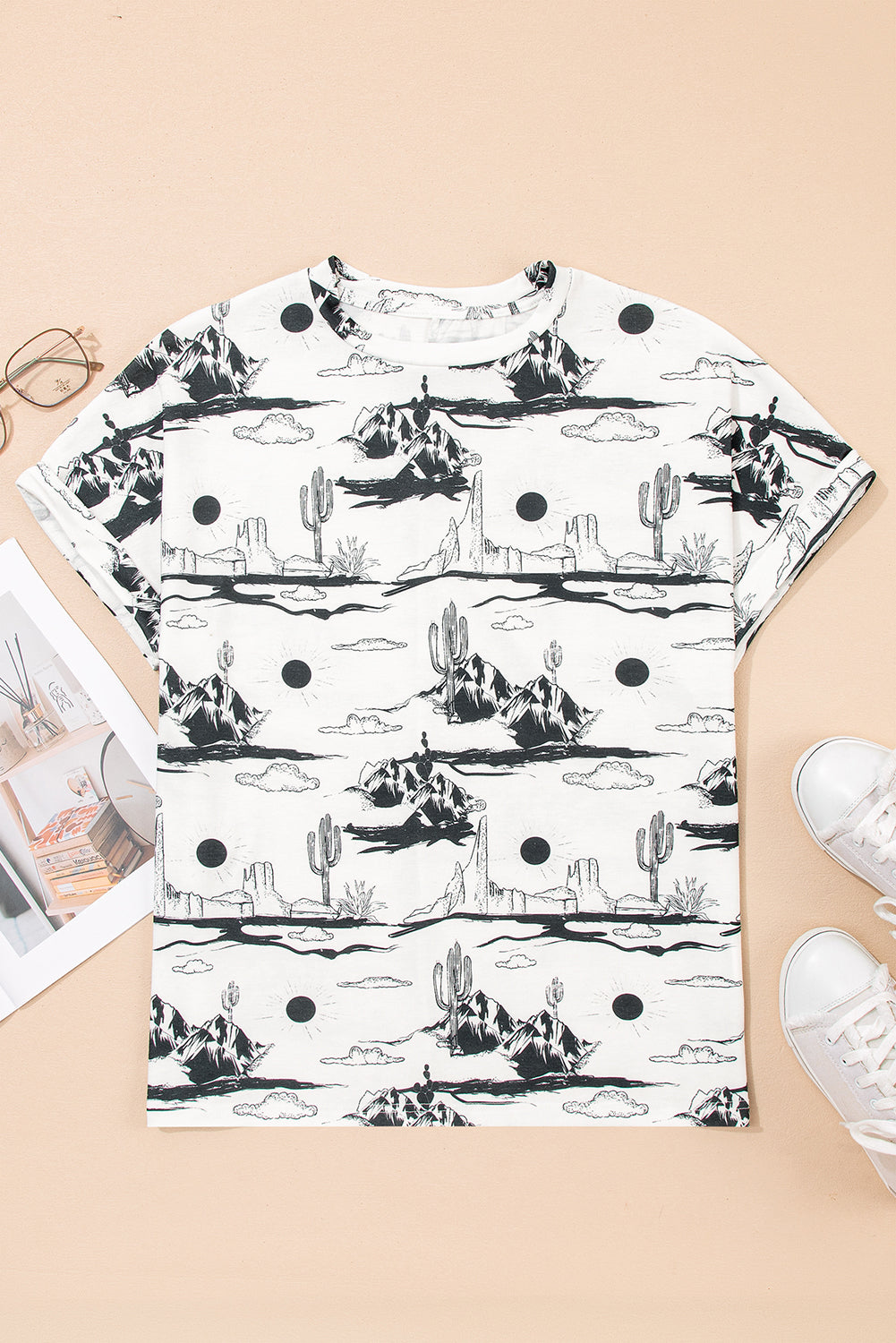 White Desert Sand Print Short Sleeve Knit Top