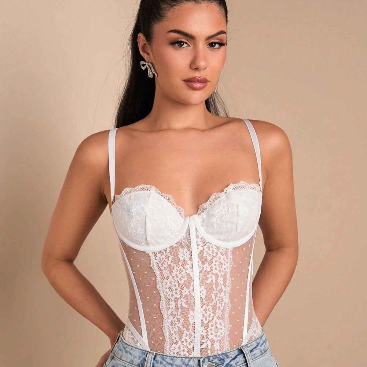 Pure Desire Wind Lace Floral Border Mesh Polka Dot Low-cut Jumpsuit With Steel Ring